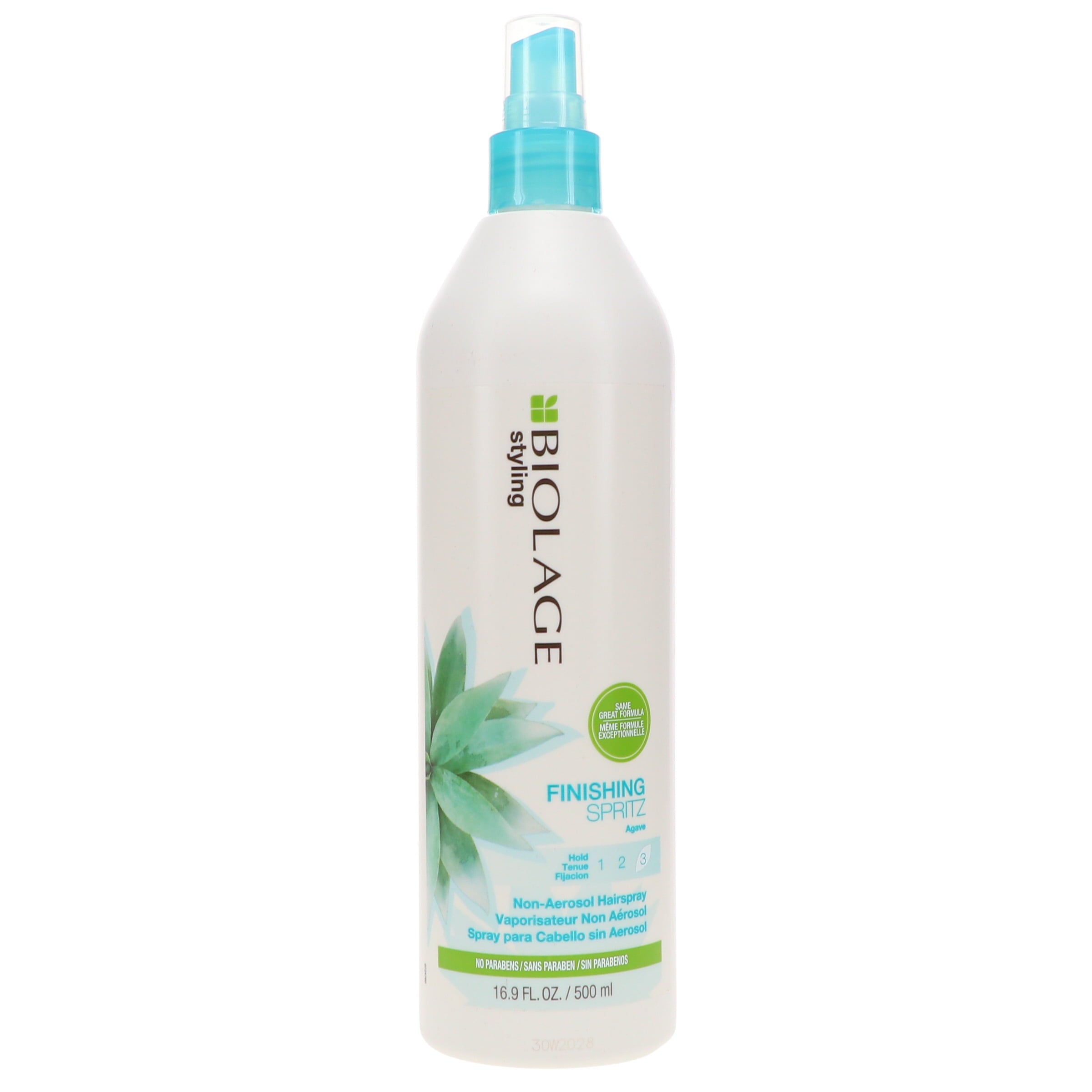 A bottle of BIOLAGE FINISHING SPRITZ HAIRSPRAY, 16.9oz size, with a white and green label, indicating it is a water-free, humidity-resistant hair spray.